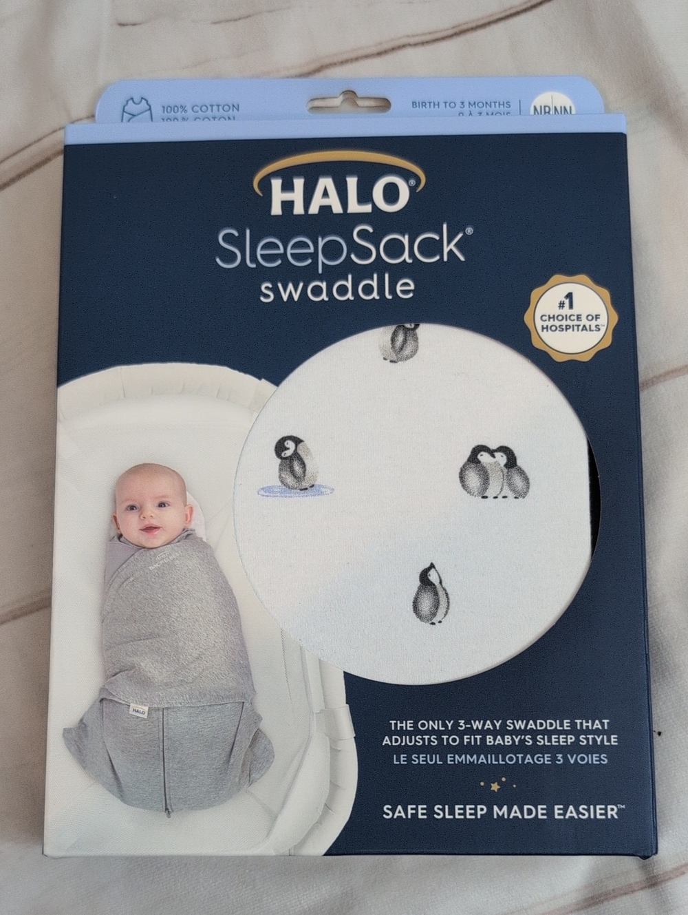 HALO SleepSack Swaddle Penguins Newborn 0-3 Months 1.5 TOG Cotton NIB